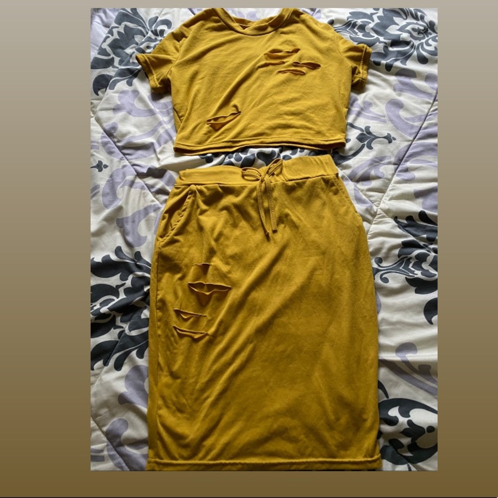 Mustard yellow crop top skirt set